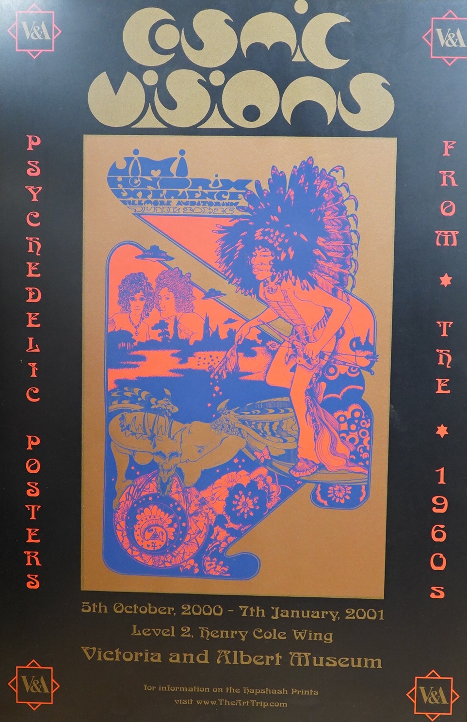 An original framed poster promoting the exhibition of 1960’s psychedelic art ‘cosmic visions’ at the Victoria Albert Museum, 5th October 2000 - 7th January 2001, published 2000 Hapshash and the coloured coat, 73 x 48cm